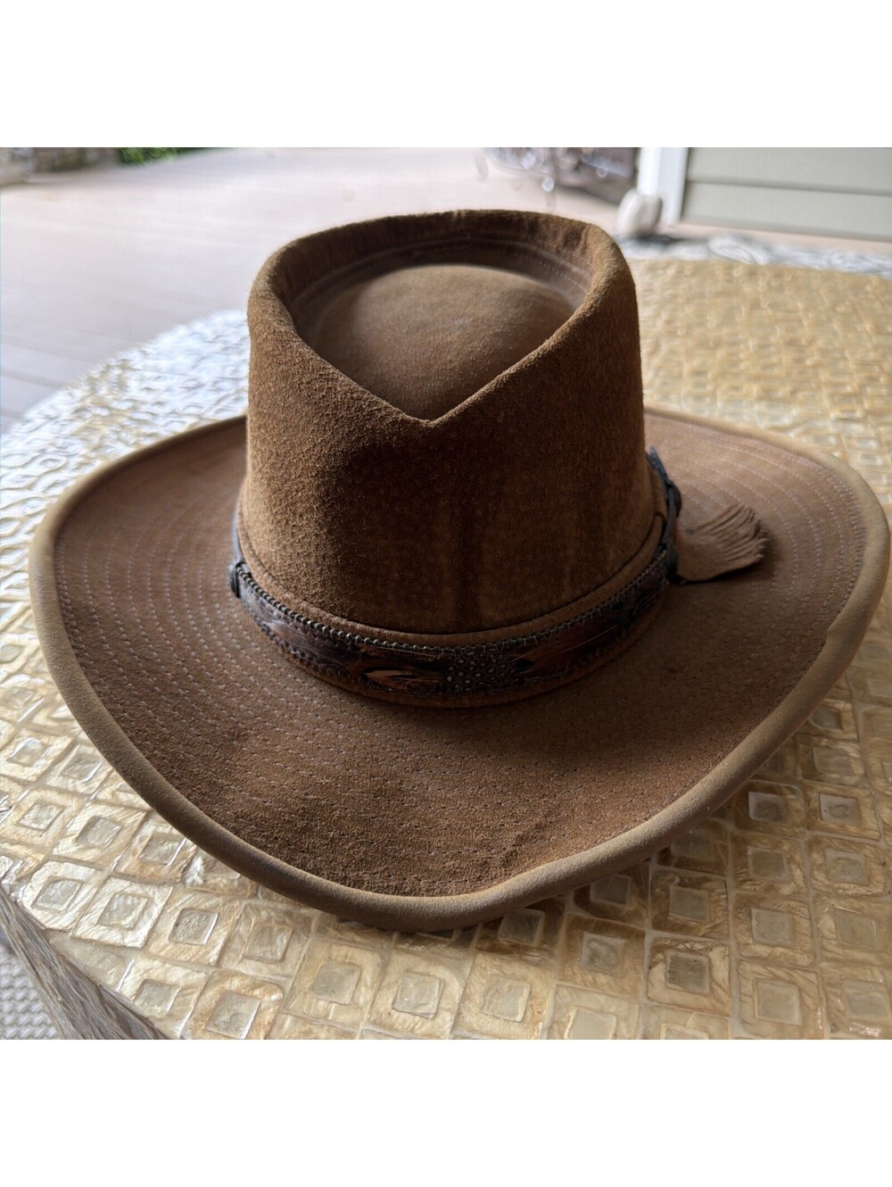 Henschel Brown Suede Western Hat Faux Croc Band & Feather Trim Size M USA Made